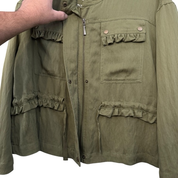 Anthropologie Utility Jacket Green Ruffle Trim Petite XXSP Fits Like Medium - Picture 3 of 7